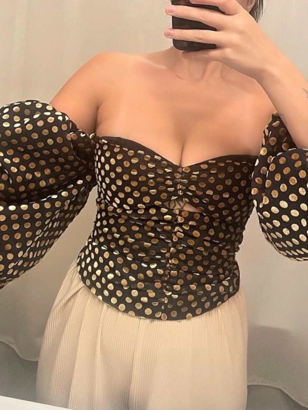 RHODE Polka Dot Puff Sleeve Blouse in Black & Gold